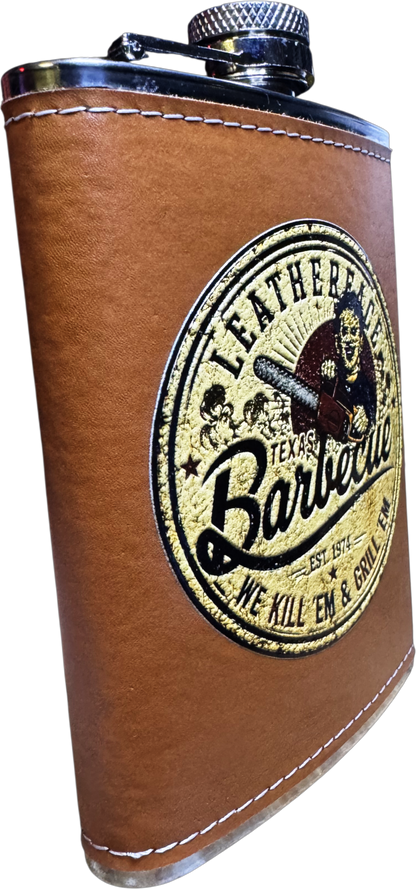 Leatherface Texas BBQ leather wrapped horror flask detail