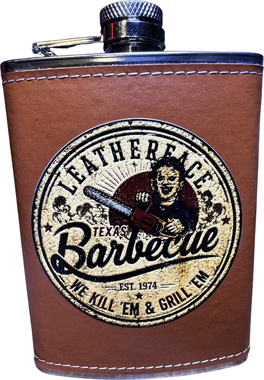 Leatherface Texas BBQ leather wrapped 8 oz stainless steel horror flask