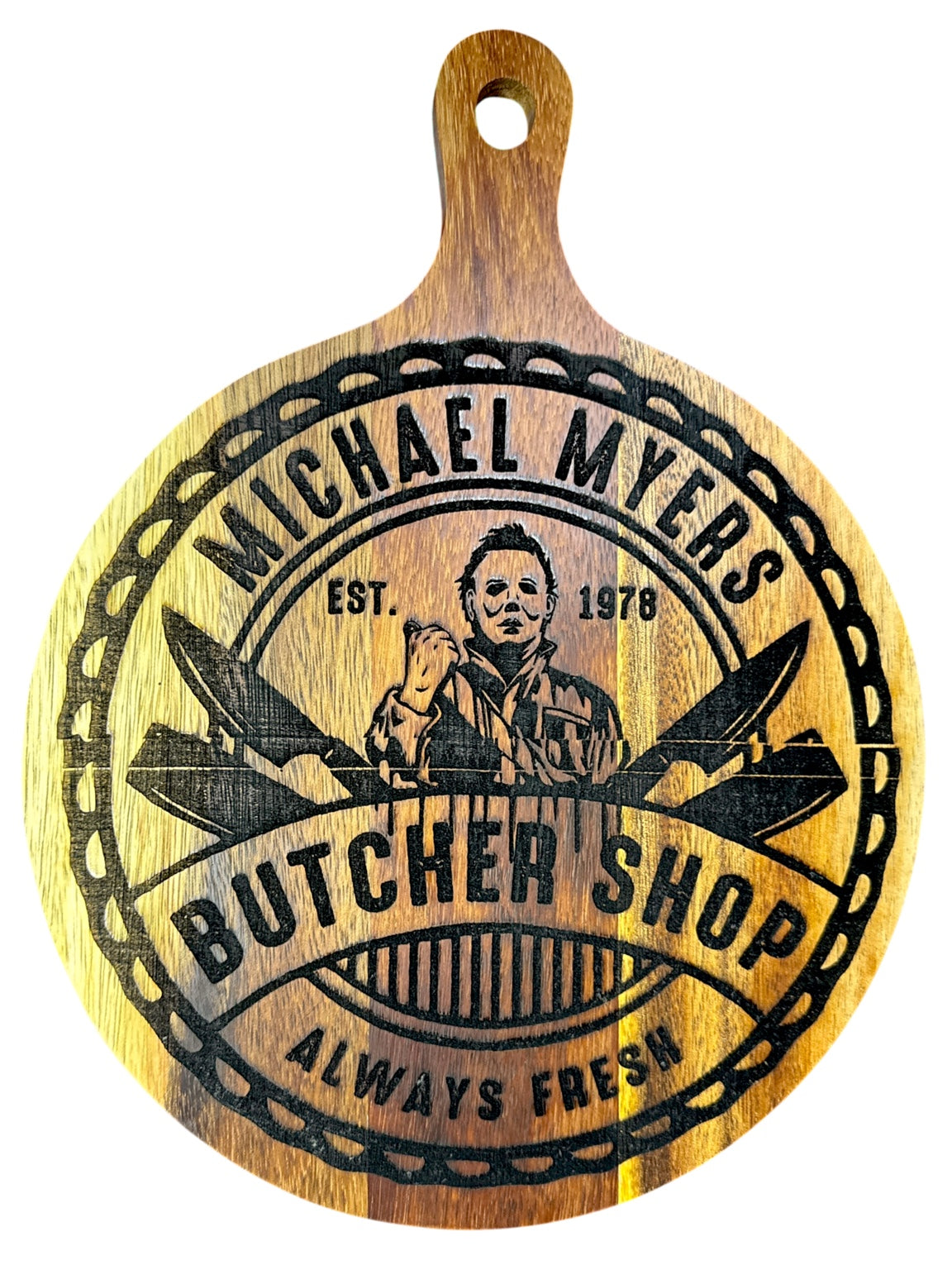 Michael Myers Butcher Shop 11 inch round engraved acacia board with off-center engraving