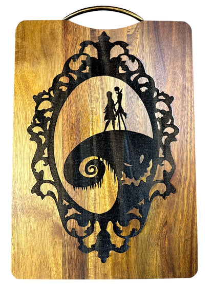 Jack and Sally Nightmare Before Christmas inspired laser engraved acacia cutting board