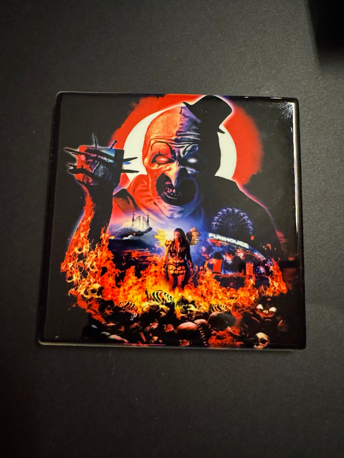 Square horror coaster with a fiery slasher mashup featuring a clawed dream killer and sinister clown imagery