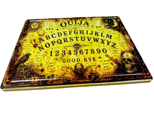 Angled view of Ouija inspired UV printed bamboo board