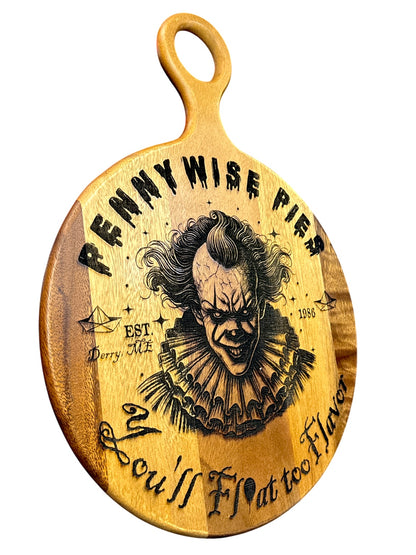 Pennywise Pies 14 inch engraved acacia horror serving board angled view