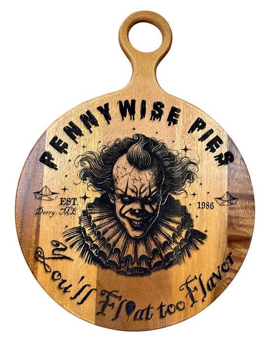 Pennywise Pies 14 inch engraved acacia horror serving board front view