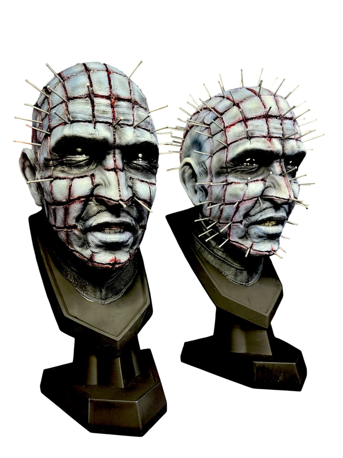 Two-angle view of 16-inch hand-painted Pinhead horror bust