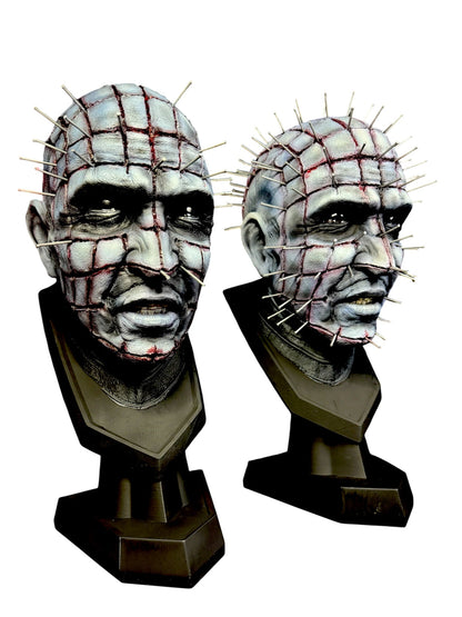 Two-angle view of 16-inch hand-painted Pinhead horror bust