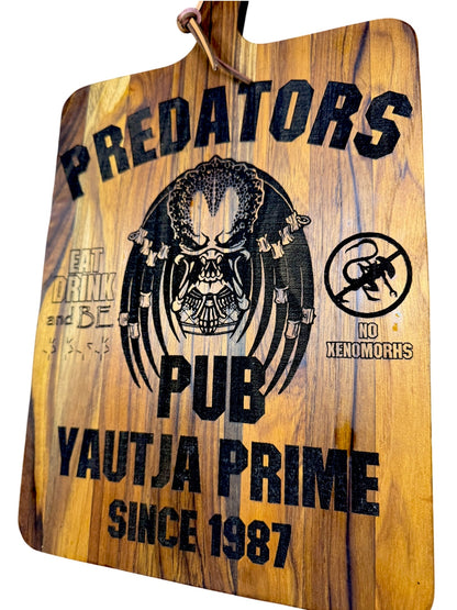 Side angle of Predators Pub Yautja Prime engraved wood board