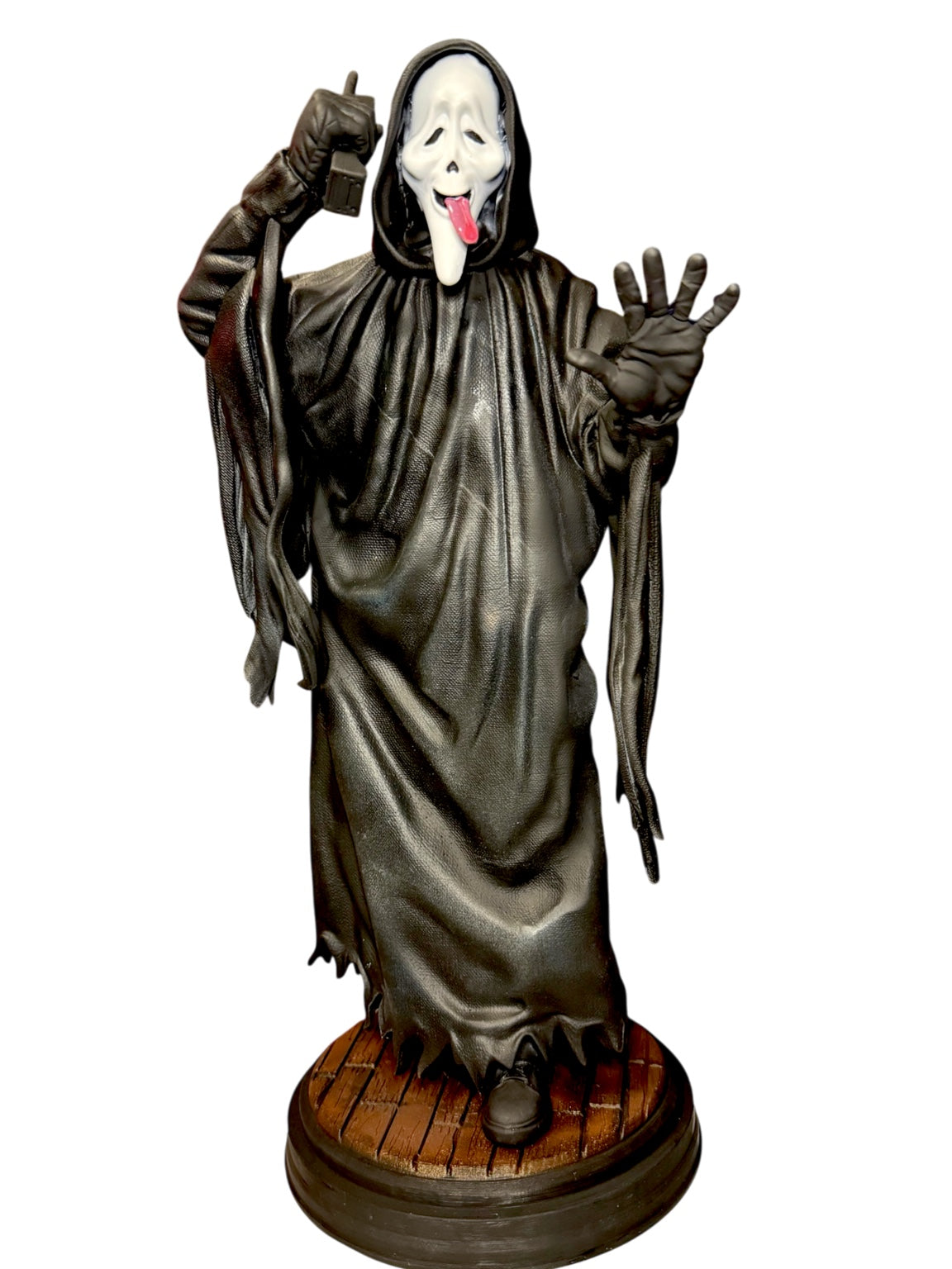 Full view of Scary Movie inspired GhostFace hand-painted horror statue on round display base