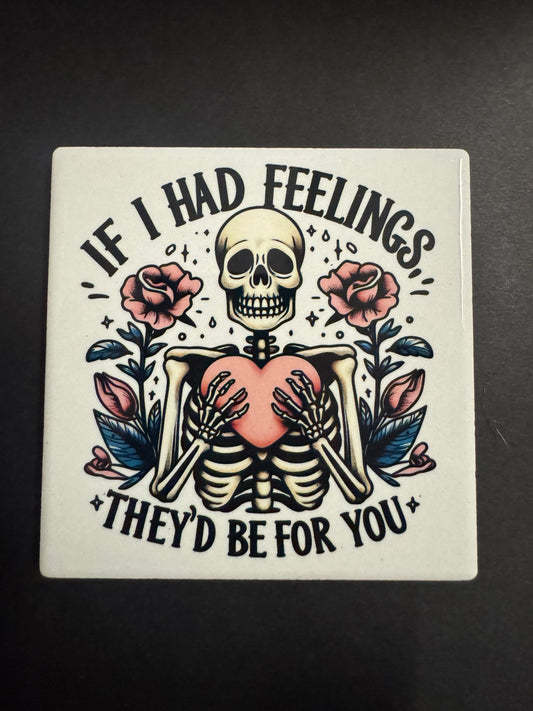 Skeleton holding heart with roses dark humor coaster