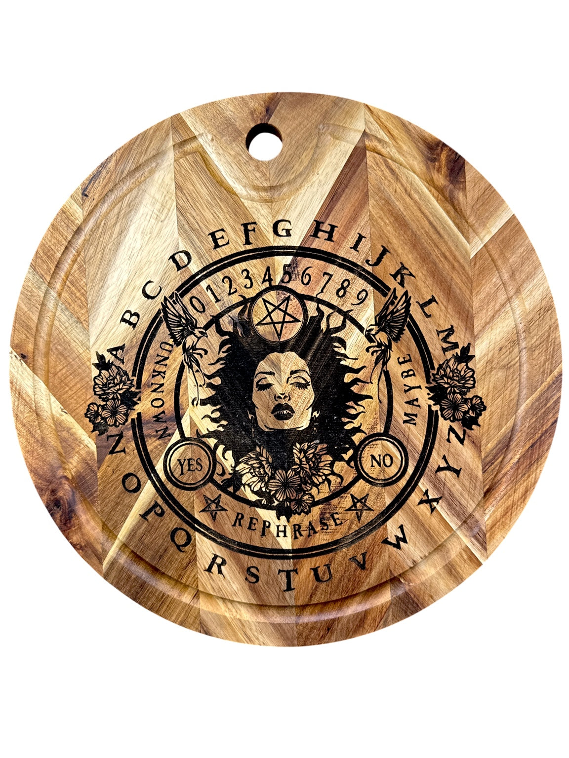 Occult spirit board design engraved on round acacia cutting board