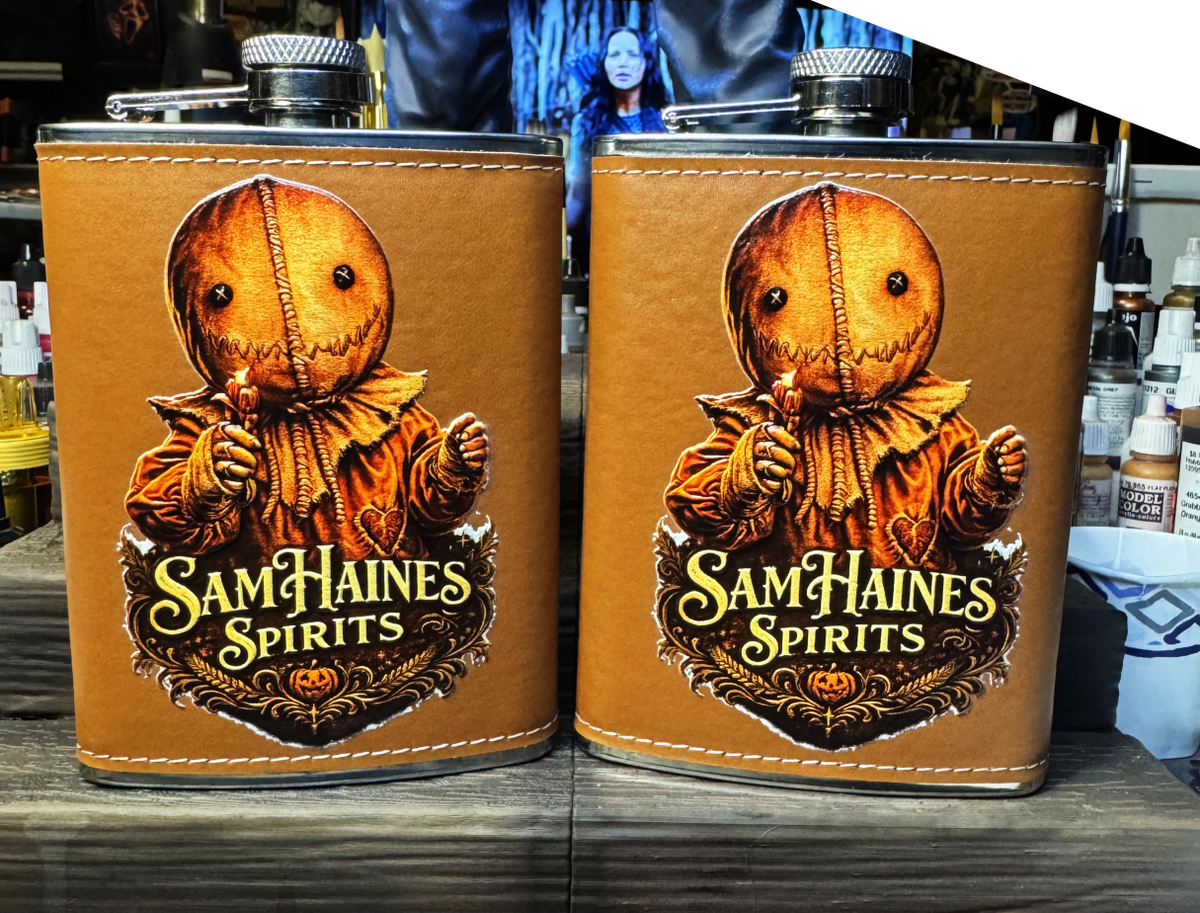 Trick R Treat 8 oz leather wrapped horror flask alternate view