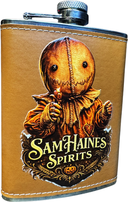 Trick R Treat leather wrapped 8 oz stainless steel horror flask