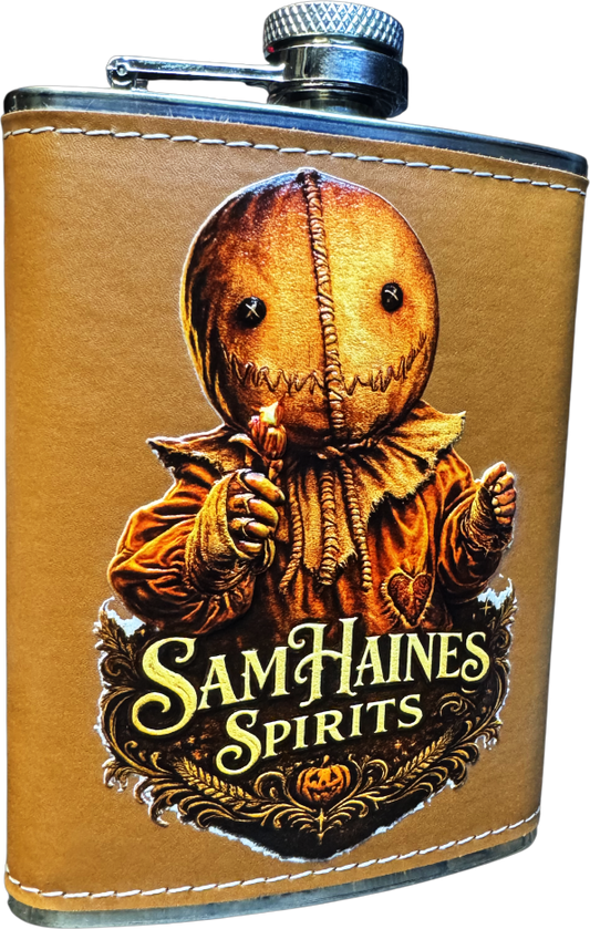 Trick R Treat leather wrapped 8 oz stainless steel horror flask